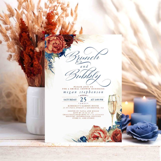 Brunch and Bubbly Bridal Shower Terracotta Navy Invitation (Terracotta and Navy Blue Floral Bridal Shower Invitations Brunch and Bubbly)