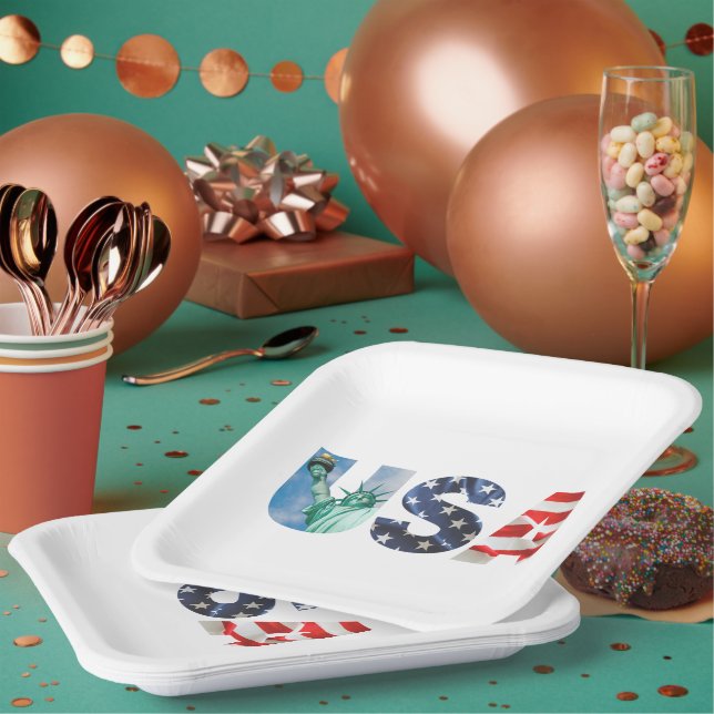 Brunch and Bubbly Bridal Shower USA Flag 9" Square Paper Plate (Multi)