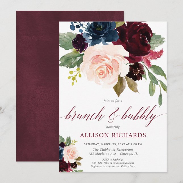 Brunch and bubbly burgundy navy blue floral bridal invitation (Front/Back)