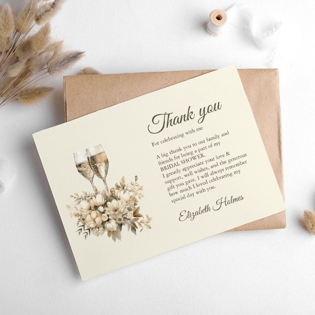 Brunch and Bubbly Champagne Flowers Bridal Shower Thank You Card (Brunch and Bubbly Champagne Flowers Bridal Shower Thank You Card on a boho white table.)