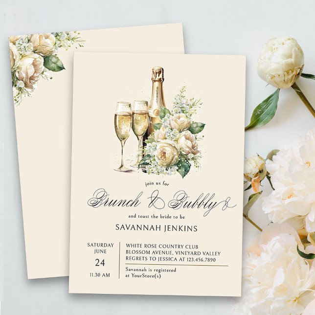 Brunch and Bubbly Champagne Roses Bridal Shower Invitation (Brunch & Bubbly Champagne Bridal Shower Invitation on cream)