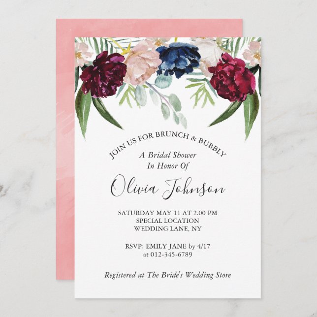Brunch and Bubbly Elegant Floral Bridal Shower Invitation (Front/Back)