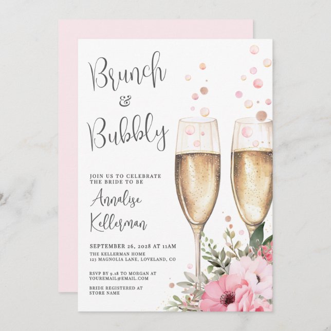 Brunch And Bubbly Floral Bridal Shower Invitation (Front/Back)