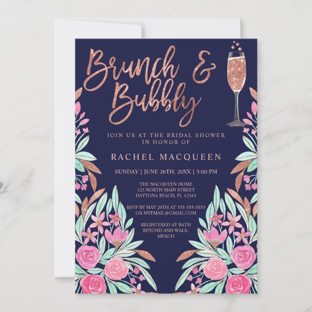 Brunch and Bubbly Floral Glitter Bridal Shower Invitation (Front)