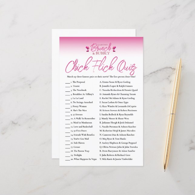 Brunch and Bubbly Galentines Chick Flick Game Quiz (Front/Back In Situ)