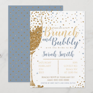 Brunch and Bubbly gold glitter_dusty blue Invitation