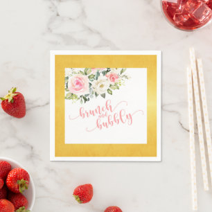 Brunch and Bubbly Napkin - Pink Text Gold Border