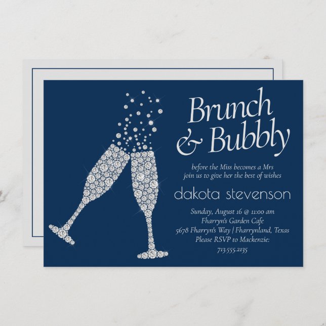 Brunch and Bubbly | Navy Blue Silver Grey Shower Invitation (Front/Back)