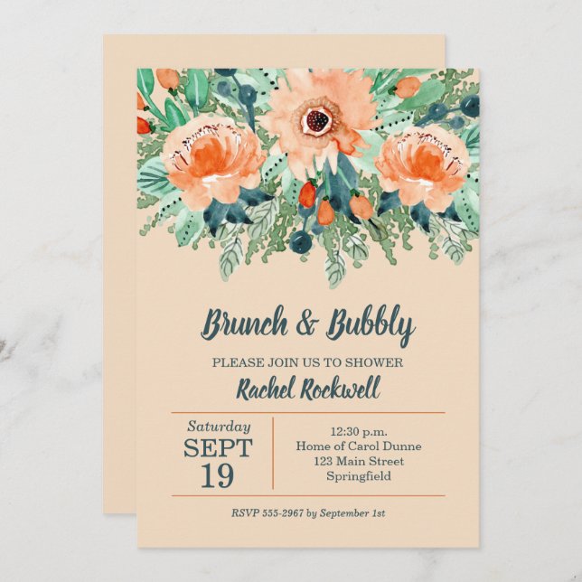 Brunch and Bubbly Peach Floral Bridal Shower (Front/Back)