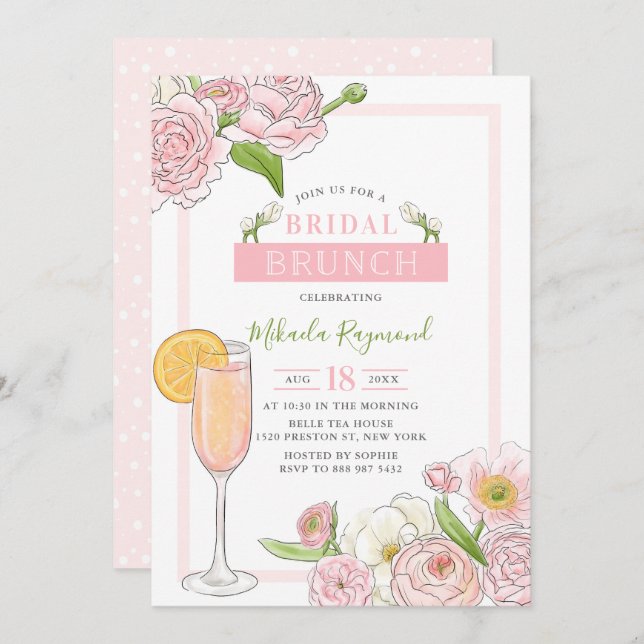 Brunch and Bubbly | Pink Floral Bridal Brunch Invitation (Front/Back)