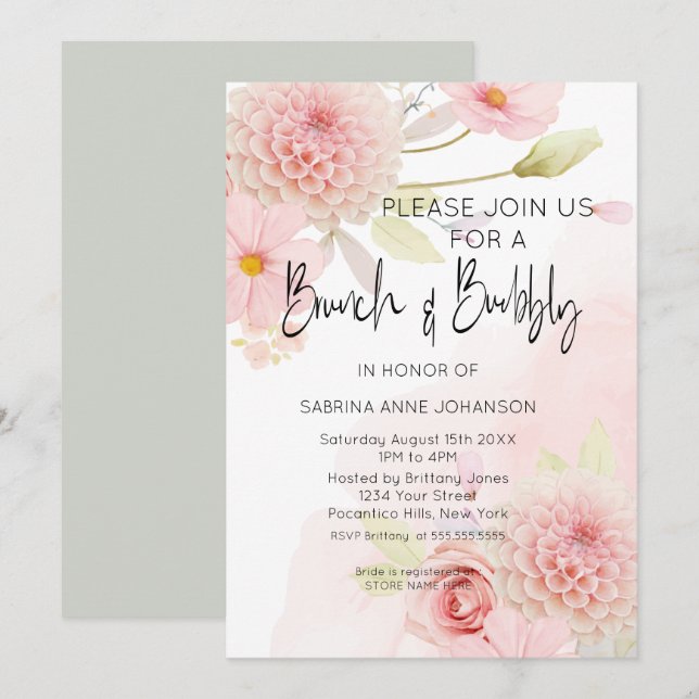 Brunch and Bubbly Pink Floral Bridal Shower Invita Invitation (Front/Back)