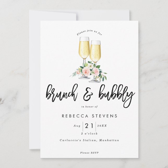 brunch and bubbly pink floral bridal shower invitation (Front)
