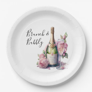 Brunch and Bubbly Pink Floral Bridal Shower Paper Plate