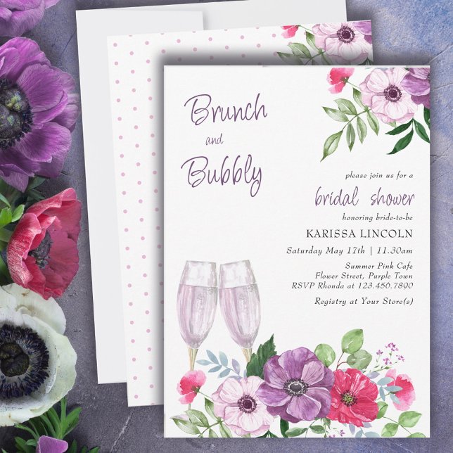 Brunch and Bubbly Purple Pink Floral Bridal Shower Invitation (Creator Uploaded)