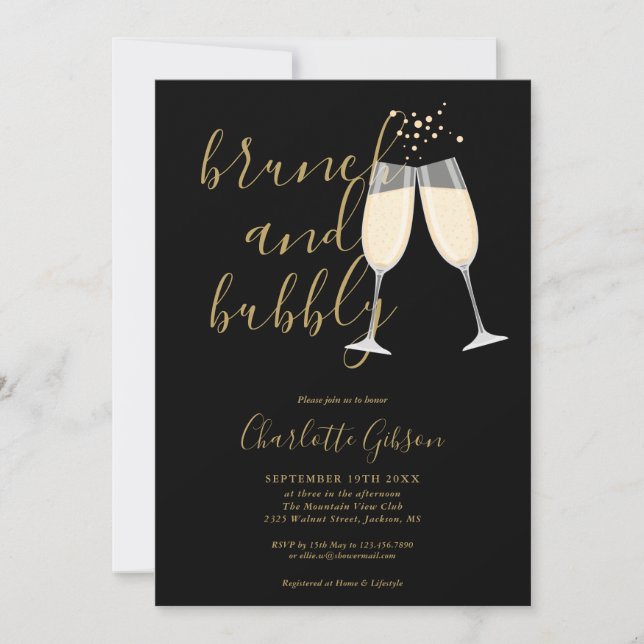Brunch And Bubbly QR Code Black Gold Bridal Shower Invitation (Front)