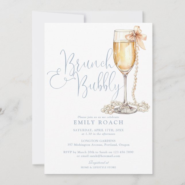 Brunch And Bubbly QR Code Photo Blue Bridal Shower Invitation (Front)