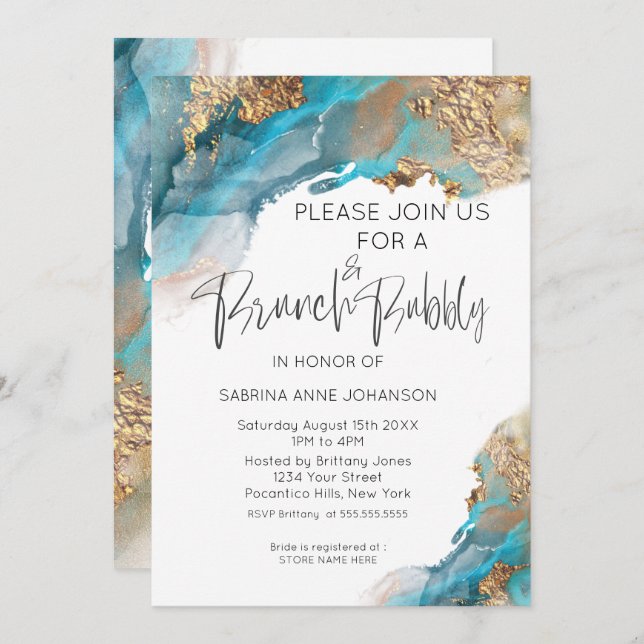 Brunch and Bubbly Teal and Gold Abstract Invitation (Front/Back)