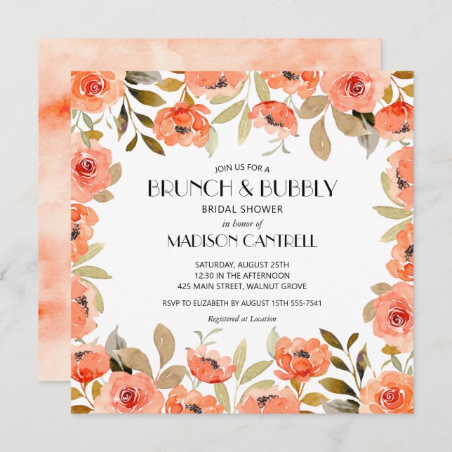 Brunch and Bubbly Watercolor Floral Bridal Shower Invitation (Front/Back)
