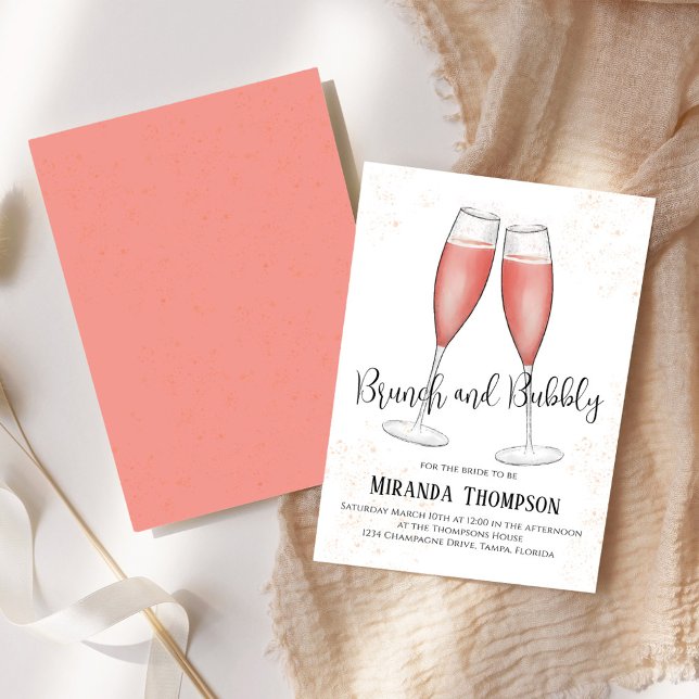 Brunch and Bubbly Watercolor Pink Bridal Shower Invitation (Brunch and bubbly bridal shower invitation with pink champagne. )