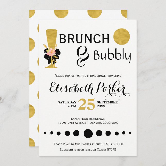 Brunch and bubbly white black gold bridal shower invitation (Front/Back)
