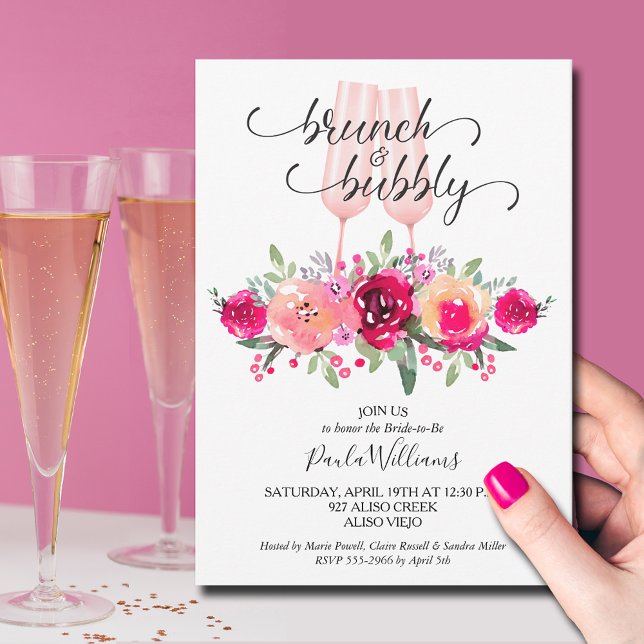 Brunch and Bubby Floral Bridal Shower Invitation (Brunch and Bubbly champagne flutes and floral bridal shower invitations)