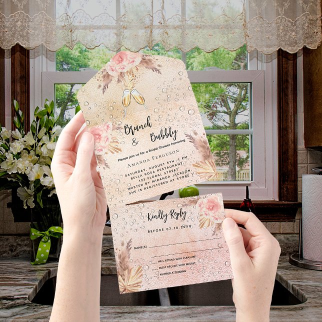 Brunch Bridal Shower pampas grass rose gold RSVP All In One Invitation (Creator Uploaded)