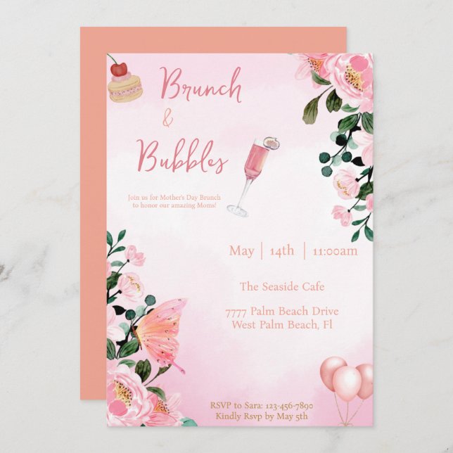 Brunch & Bubbles Mother's Day Brunch Pink Floral Invitation (Front/Back)