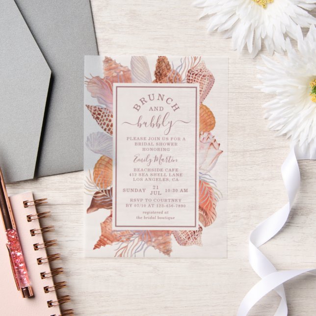 Brunch & Bubbly Beach Seashells Bridal Shower Vellum Invitations (Wedding)