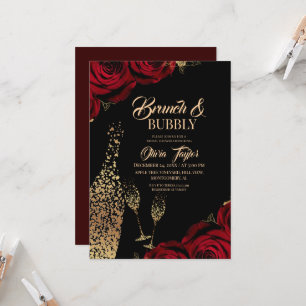 Brunch & Bubbly Black Burgundy Roses Bridal Shower Invitation