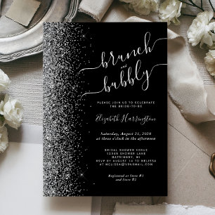 Brunch & Bubbly Black Silver Glitter Bridal Shower Invitation
