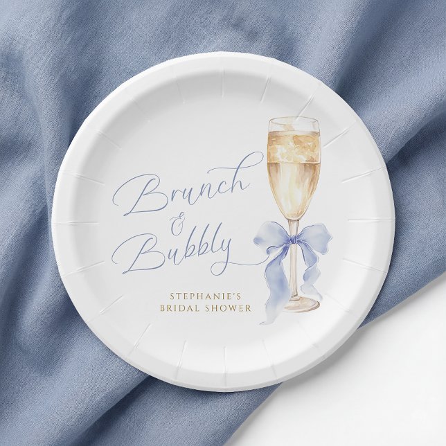 Brunch & Bubbly Blue Bow Bridal Shower Paper Plate (Creator Uploaded)