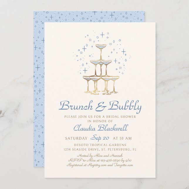 Brunch Bubbly Blue Bridal Shower Invitation (Front/Back)