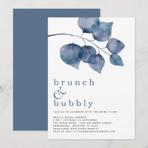 Brunch Bubbly Blue Foliage Bridal Shower Invitatio Invitation