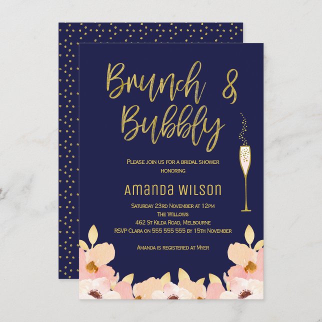 Brunch Bubbly Blue Gold Bridal Shower Invitation (Front/Back)