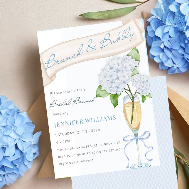 Brunch & Bubbly Blue Hydrangea Bridal Shower  Invitation (Brunch and Bubbly Hydrangea Bridal Shower Invitation)