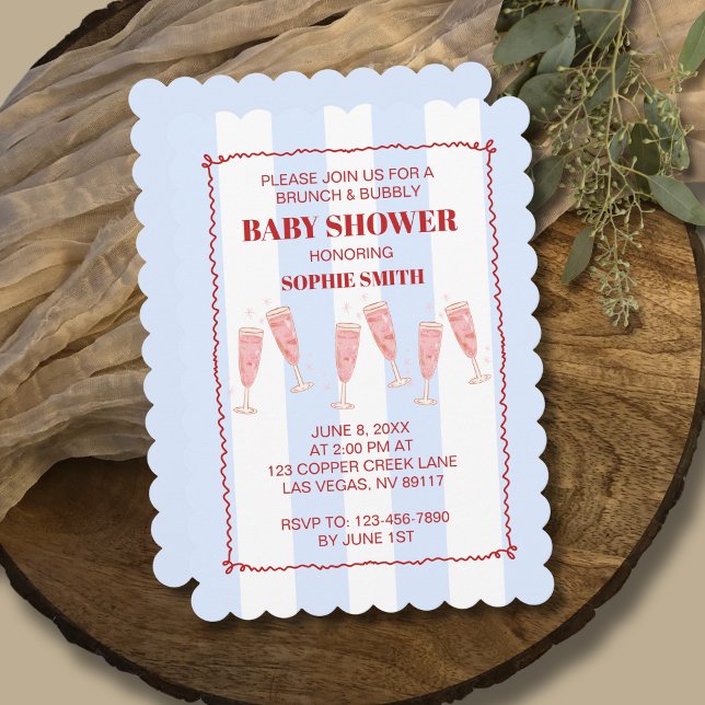 Brunch & Bubbly Blue & Red Wavy Border Baby Shower Invitation (Creator Uploaded)