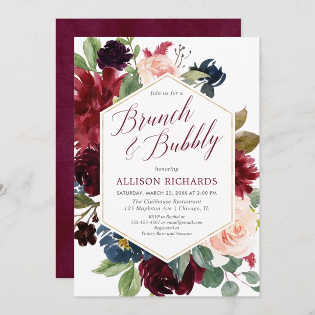 Brunch bubbly blush burgundy navy floral bridal invitation (Front/Back)