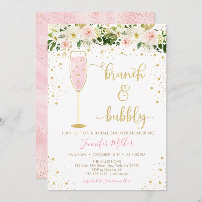 Brunch & Bubbly Blush & Gold Floral Bridal Shower Invitation (Front/Back)