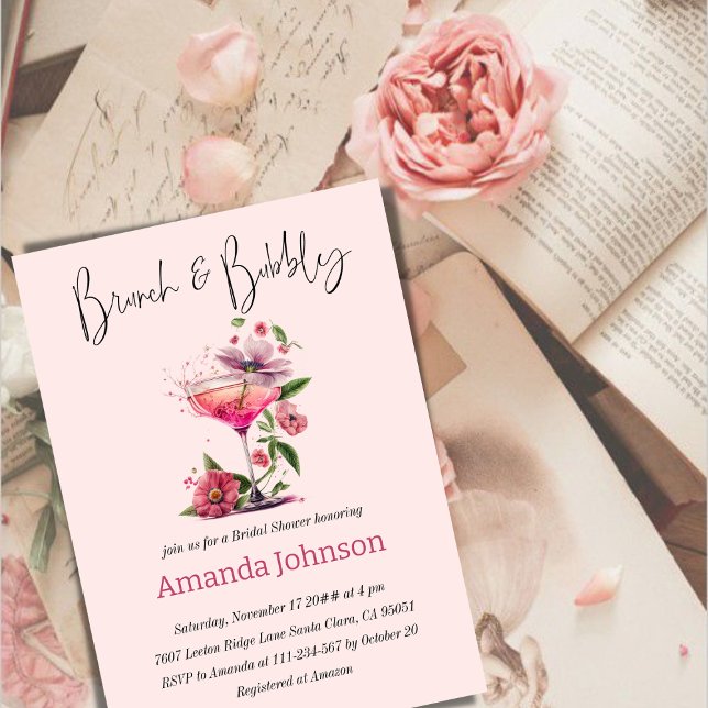 Brunch & Bubbly Blush Pink Flowers Bridal Shower Invitation (Creator Uploaded)