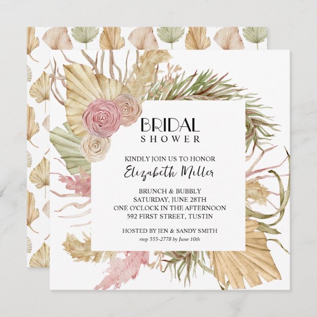 Brunch Bubbly Boho Leaves Bridal Shower Invitation (Front/Back)