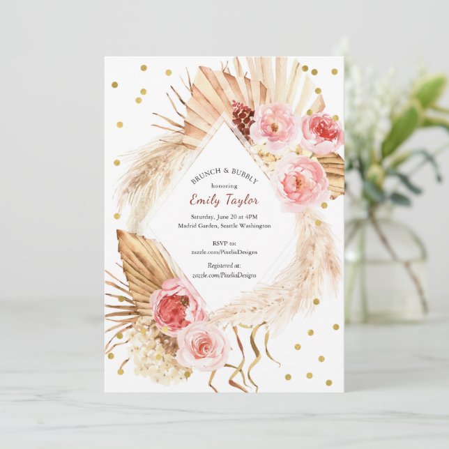 Brunch & Bubbly Boho Pampas Blush Pink Floral  Invitation (Standing Front)