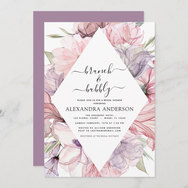 Brunch & Bubbly Boho Purple Bridal Shower Invitati Invitation (Front/Back)
