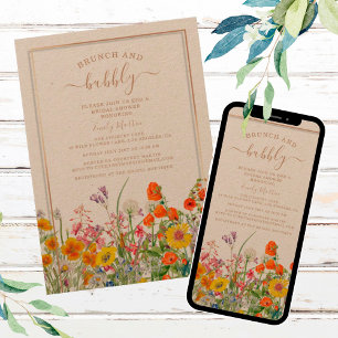 Brunch & Bubbly Boho Wild Flowers Bridal Shower In Invitation