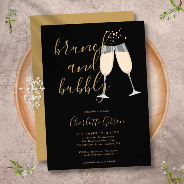 Brunch Bubbly Bridal Shower Black And Gold Invitation (Creator Uploaded)