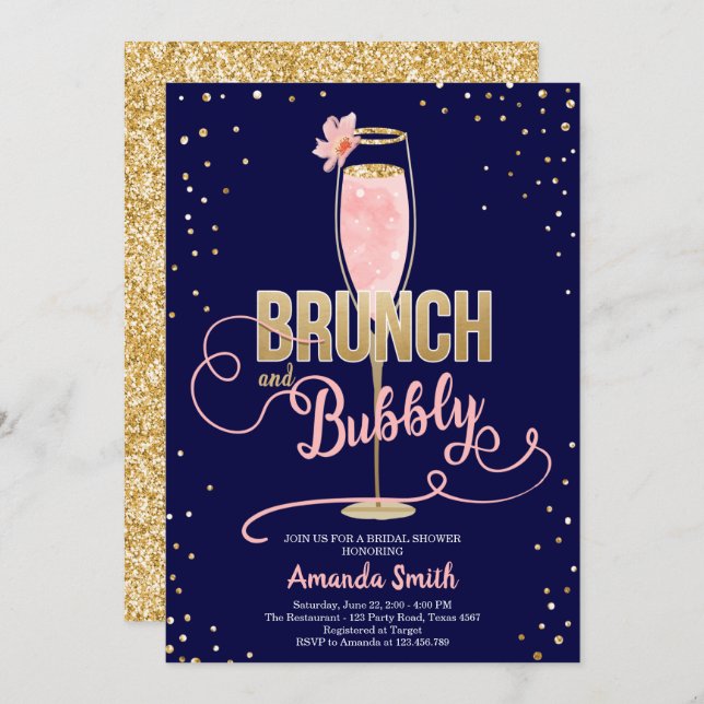 Brunch & Bubbly Bridal Shower Blush Gold Champagne Invitation (Front/Back)