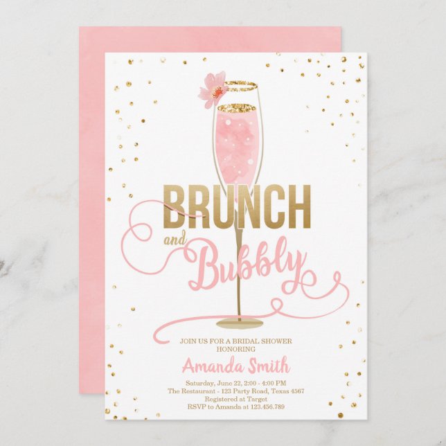 Brunch & Bubbly Bridal Shower Blush Gold Champagne Invitation (Front/Back)