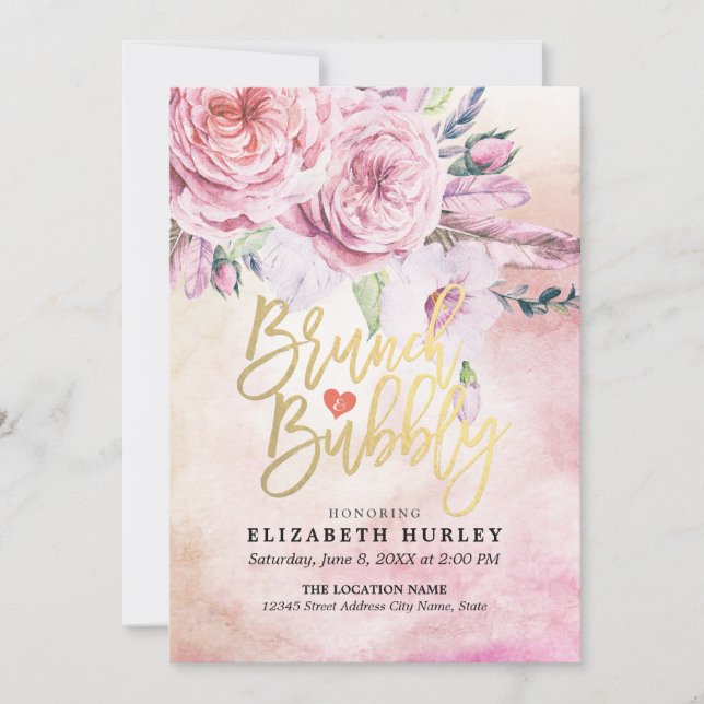 Brunch & Bubbly Bridal Shower Chic Floral Feathers Invitation (Front)