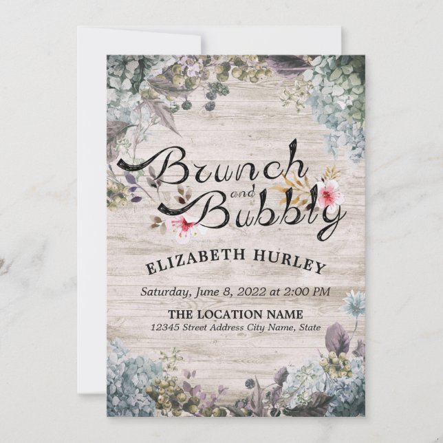 Brunch & Bubbly Bridal Shower Floral & Rustic Wood Invitation (Front)