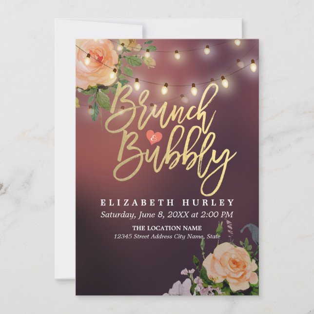 Brunch Bubbly Bridal Shower Floral String Lights Invitation (Front)