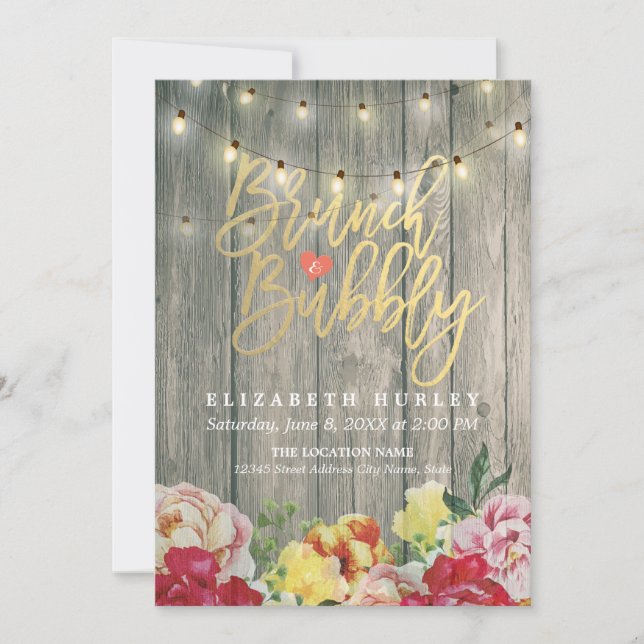 Brunch Bubbly Bridal Shower Floral String Lights Invitation (Front)